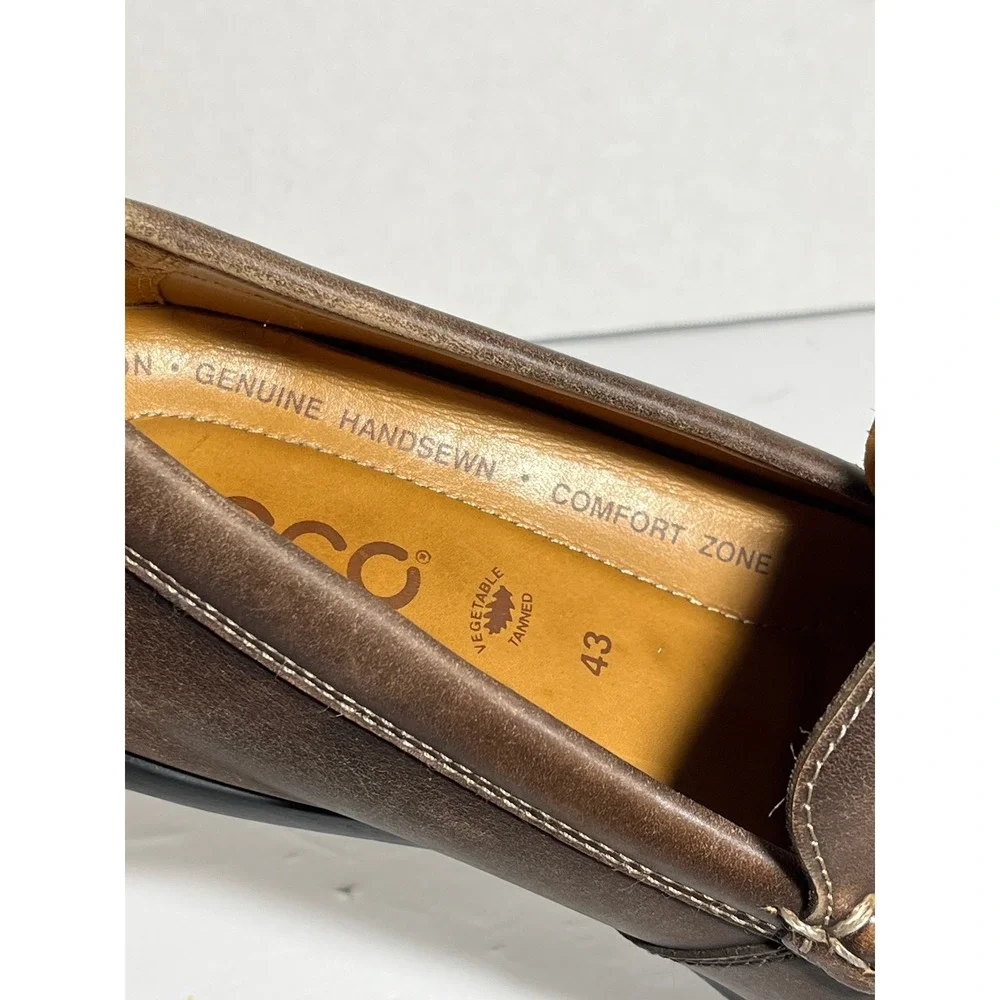 ECCO Mens Brown Leather Handsewn Loafers Slip On Driving Shoes Size 43 9 9.5